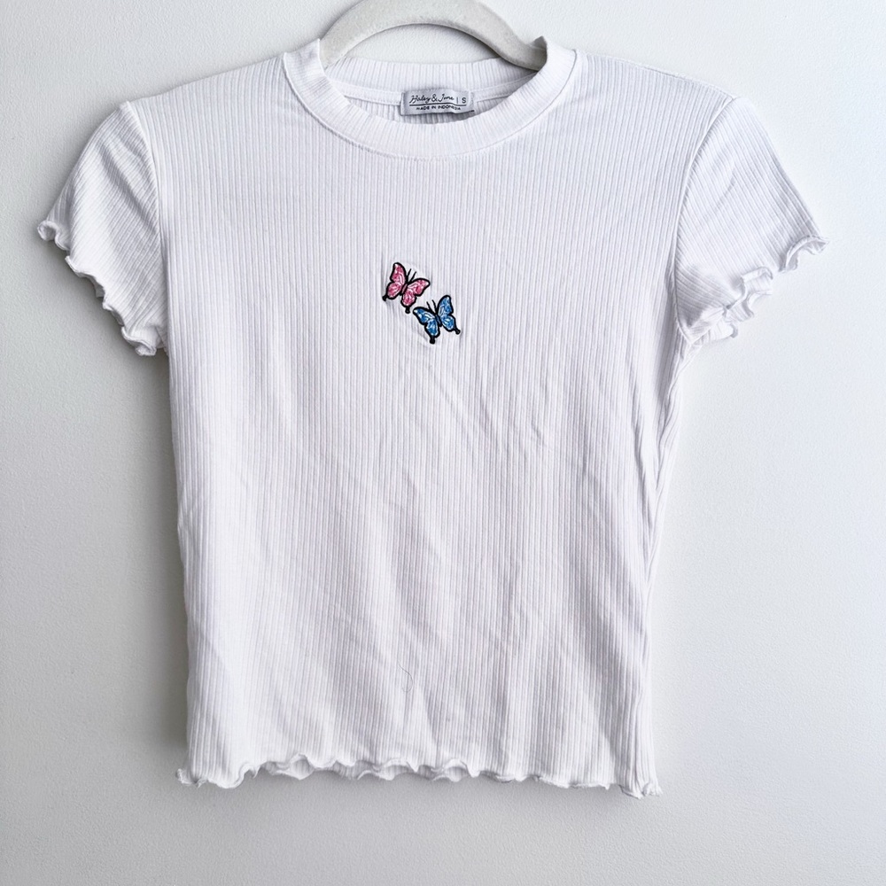 White Butterfly Ribbed Crop Top